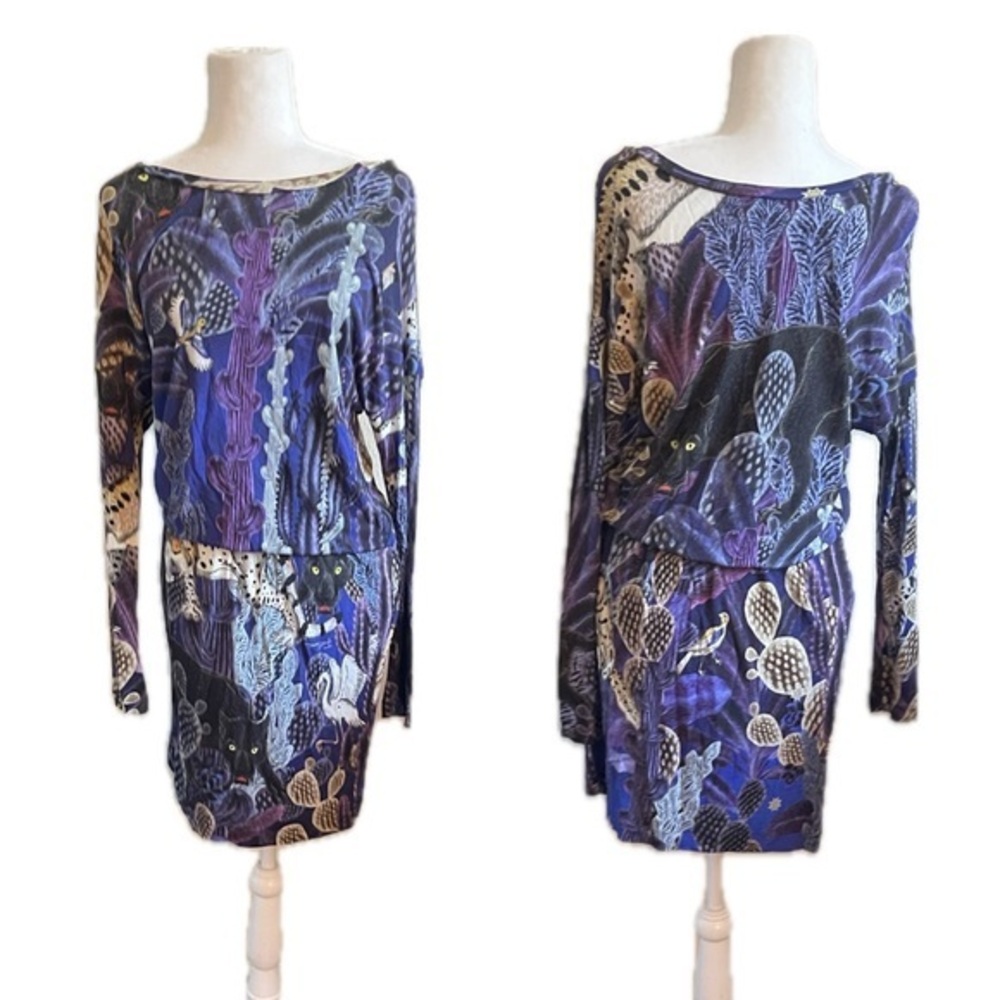 Roberto Cavalli JustCavalli Panther Purple Wide Neck Blouson Mini Dress Size 40